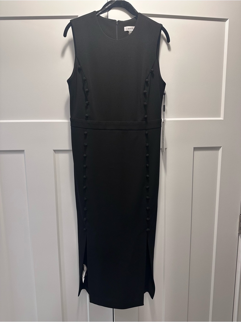 Calvin Klein Black Sleeveless Midi Sheath with Covered Buttons